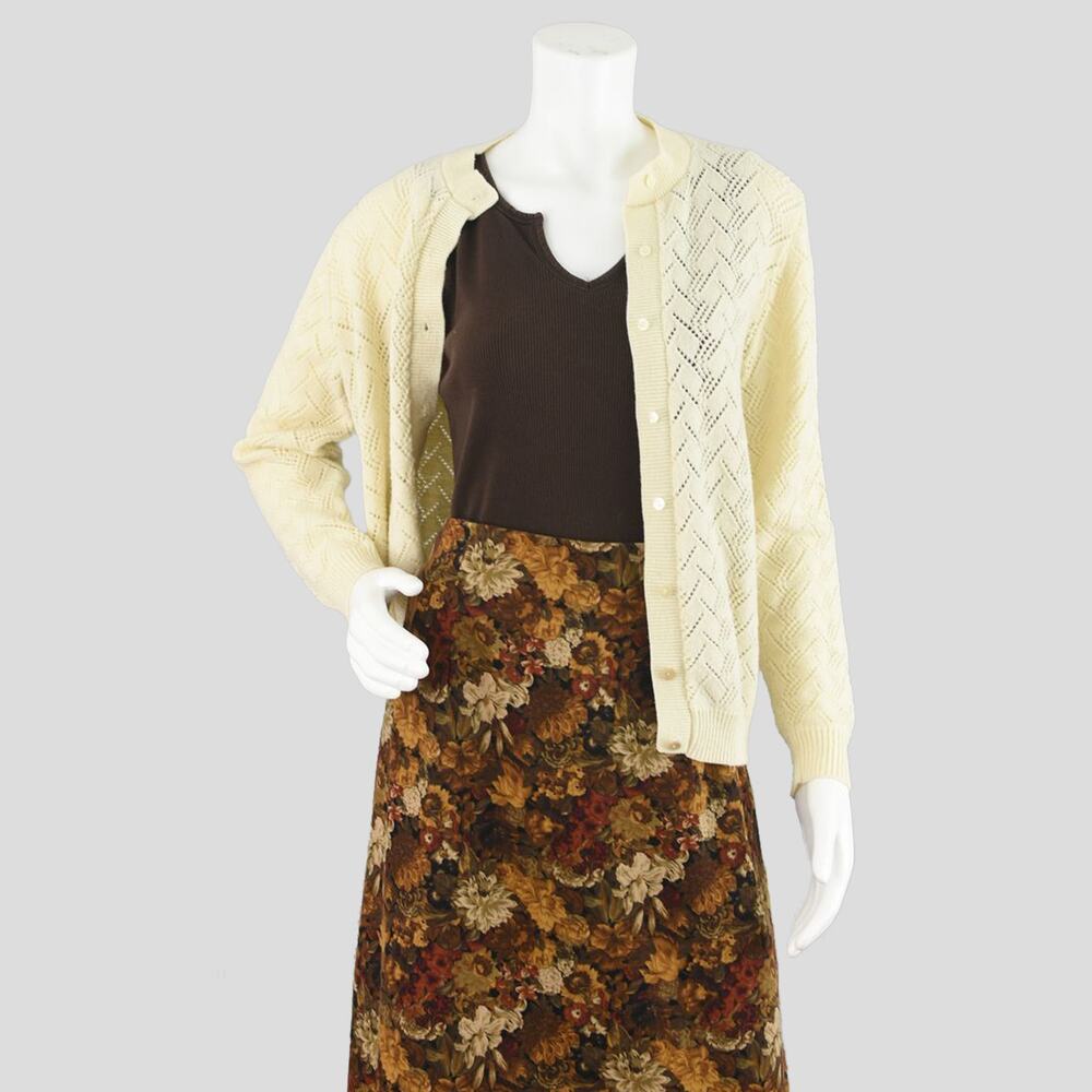 Vintage 70s Cream Eyelet Knit Cardigan Women's Small
